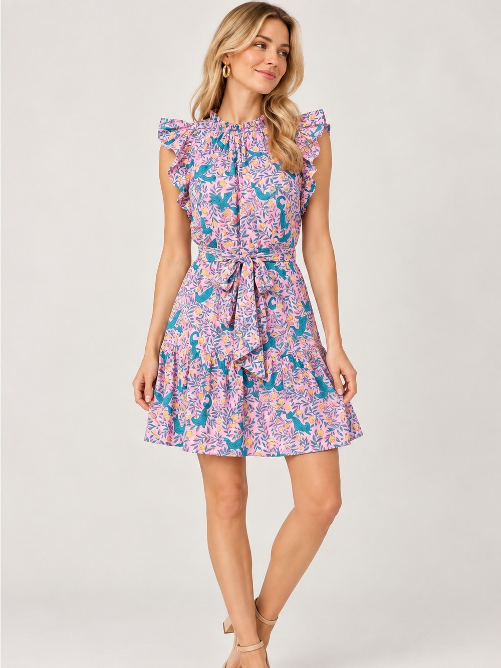 Banjanan Floral Print Mini Dress, Pink yellow & blue, Size XS 100% Cotton